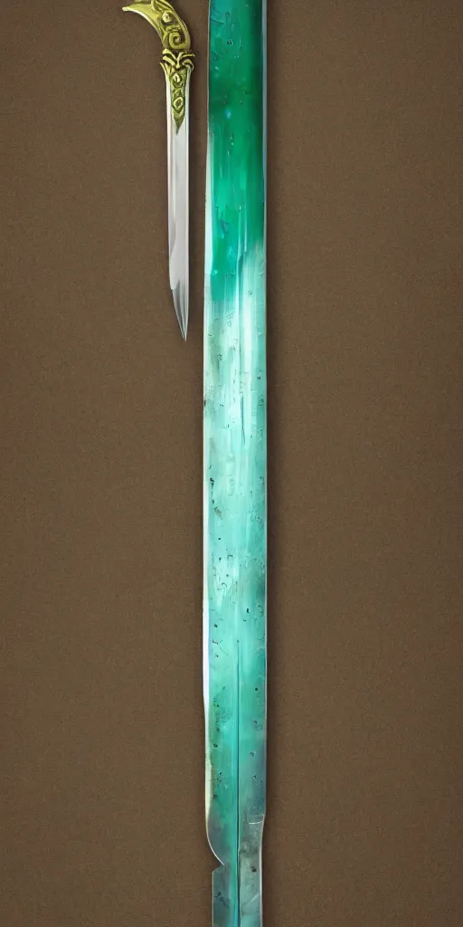 Image similar to photograph of a wide green and teal crystal sword blade attached to a big gold sword hilt