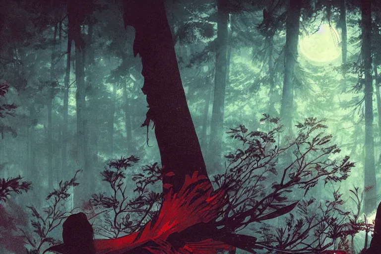 Image similar to huge red giant japanese fishes are flying along the tall trees of a deep Bavarian forest at night. Looking up view, dramatic perspective.misty, mood. y art by Akihiko Yoshida and Greg Rutkowski and Craig Mullins and Alphonse Mucha and Moebious and Roger Deakins