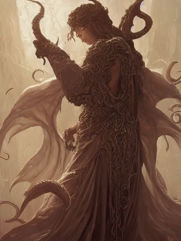 Image similar to summoner of cthulhu, d & d, thick robe, elder gods, fantasy, intricate, elegant, highly detailed, digital painting, artstation, concept art, wallpaper, smooth, sharp focus, illustration, art by artgerm and greg rutkowski and alphonse mucha