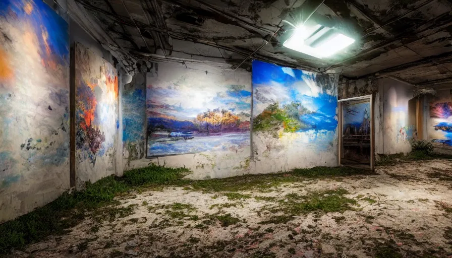 Image similar to photos of landscapes, in a decrepit art gallery, painted on by robots! dramatic lighting