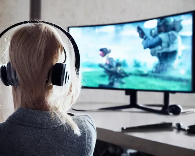 Image similar to view from behind of a cute beautiful blonde woman wearing headset playing game, watching television displaying call of duty, intricate detail, cinematic composition