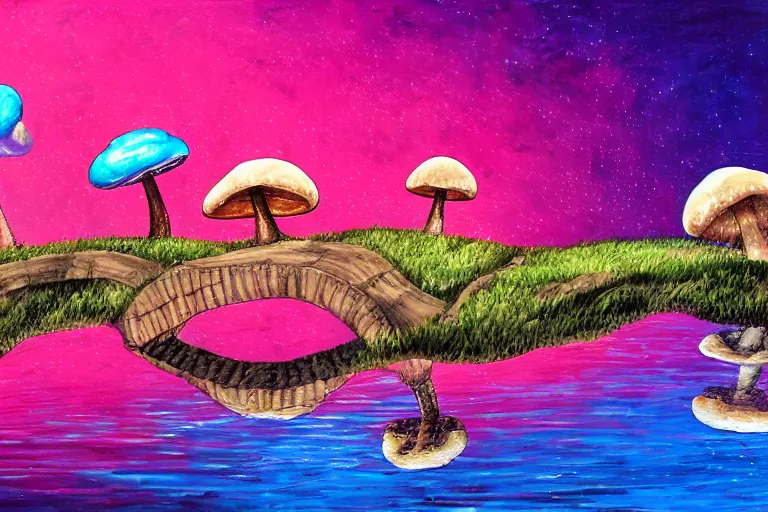 Image similar to a painting of giant mushrooms with next to a small bridge, flowing water, digital art, scenic, reds, purples, pink, reflections, blue lighting, glow's in side the mushrooms, complex background, chill,