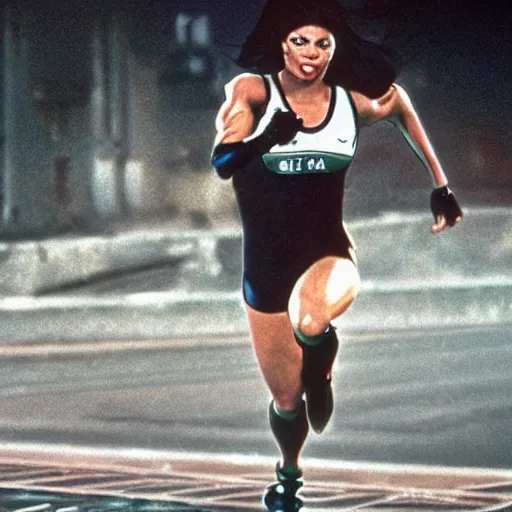 Image similar to Trinity the matrix, Femaile sprinter in athletic attire with cyborg legs, diesel punk, athletic footage, 1980's, olympics, cinematic, art deco