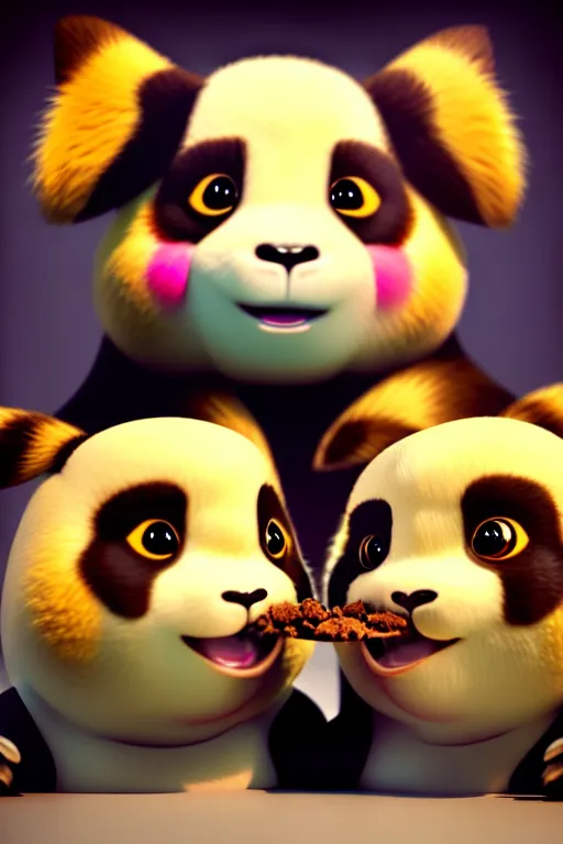 Prompt: high quality 3 d render hyperrealist very cute creepy happy panda & tortoise hybrid eating ice cream, vray smooth, in the style of detective pikachu, very dramatic light, low angle, uhd 8 k, shallow depth or field