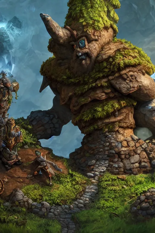 Image similar to zelda fantasy art giant golem troll wood rock greeble gemstone, global illumination ray tracing hdr fanart arstation by sung choi and eric pfeiffer and gabriel garza and casper konefal