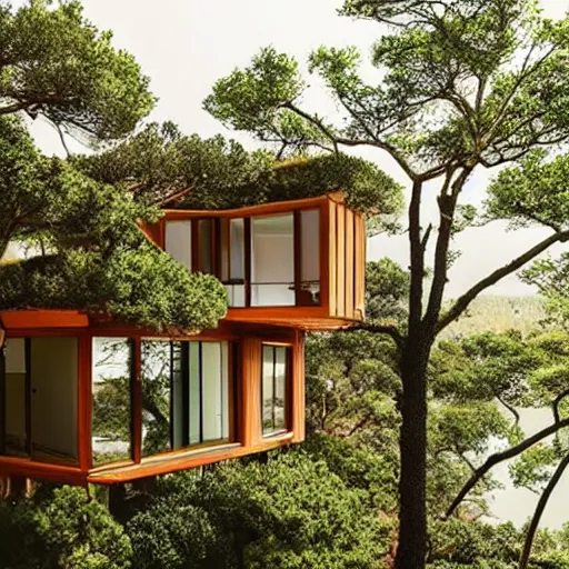 Prompt: Modern house made of tree, big windows, bonsai tree on roof, on a cliff