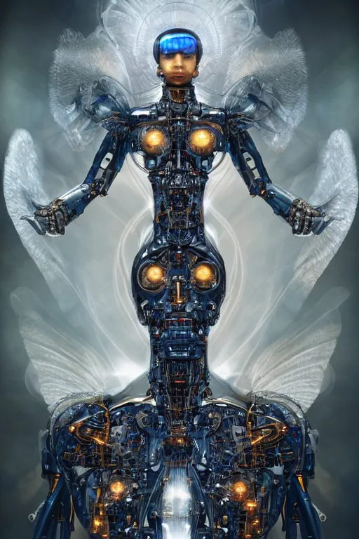 Image similar to a beautiful ultradetailed fine art photo of a cybernetic cyborg angel set against galactic space, by tom bagshaw and zach sutton, portrait, soft backlighting, cybernetic implants on the face, 5 0 mm lens, golden ratio composition, detailed faces, studio lighting, very detailed, mechanical robot neon wings, artstation, 8 k, highly coherent