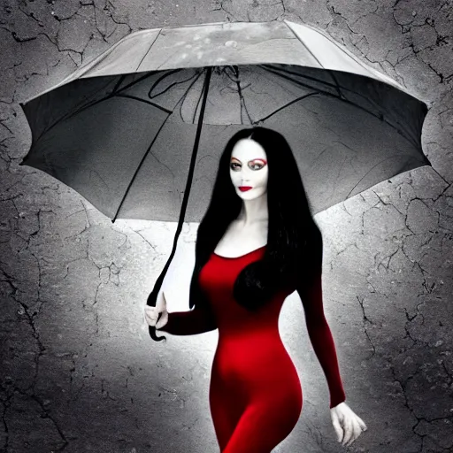 Prompt: morticia addams holding a parasol during a [ humid, rainy day ] as she saunters across the city, closeup!!!, trending on artstation, 4 k photorealism, unsplash, shot by jimmy nelson