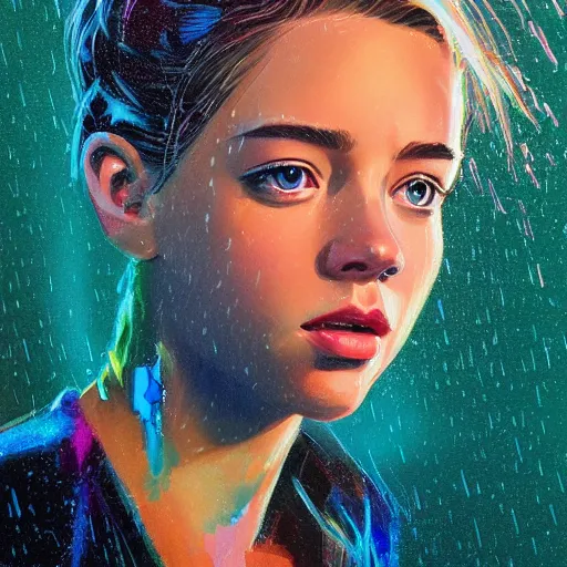 Image similar to half - electric sydney sweeney in rain, cute - fine - face, pretty face, oil slick hair, realistic shaded perfect face, extremely fine details, realistic shaded lighting, poster by by ilya kuvshinov katsuhiro otomo, magali villeneuve, artgerm, jeremy lipkin and michael garmash and rob rey, silvain sarrailh, jinsung lim