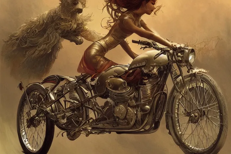 Image similar to 1950 Motorcycle, fantasy, elegant, intricate, highly detailed, digital painting, artstation, concept art, sharp focus, illustration, art by artgerm and greg rutkowski and alphonse mucha