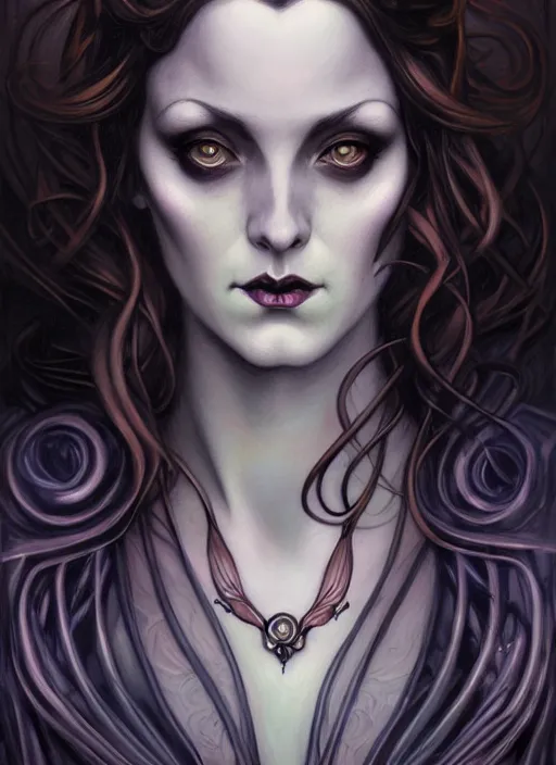 Image similar to an art nouveau, dark witch portrait in the style of charlie bowater, and in the style of donato giancola, and in the style of charles dulac. very large, clear, expressive, intelligent eyes. symmetrical, centered, ultrasharp focus, dramatic lighting, photorealistic digital painting, intricate ultra detailed background.