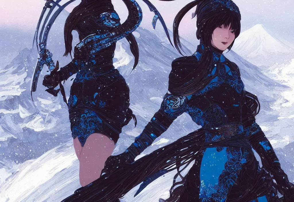 Image similar to portrait ninja gaiden girl, black and blue ninja wardrobe, at snowy fuji mountain sunrise, ssci - fi and fantasy, intricate and very very beautiful, detailed, digital painting, artstation, concept art, smooth and sharp focus, illustration, art by tian zi and wlop and alphonse mucha