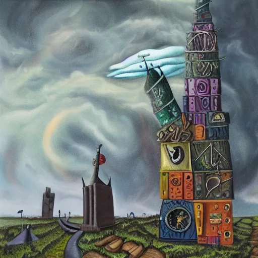 Image similar to the weirdest Wizard and his quest to topple the wicked tower, surrealist landscape painting