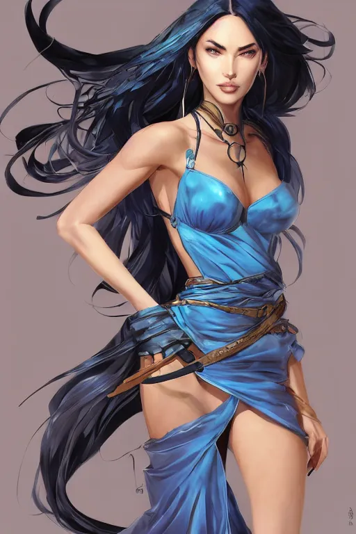 Image similar to Megan Fox using a pale blue summer dress in a blade and soul spinoff artbook rendered by the artist Taran Fiddler, Joe Madureira, Nadezhda Tikhomirova, Jiyun Chae, Lê Long, trending on Artstation by Hyung Tae Kim, artbook, Stanley Artgerm Lau, WLOP, Rossdraws , James Gurney