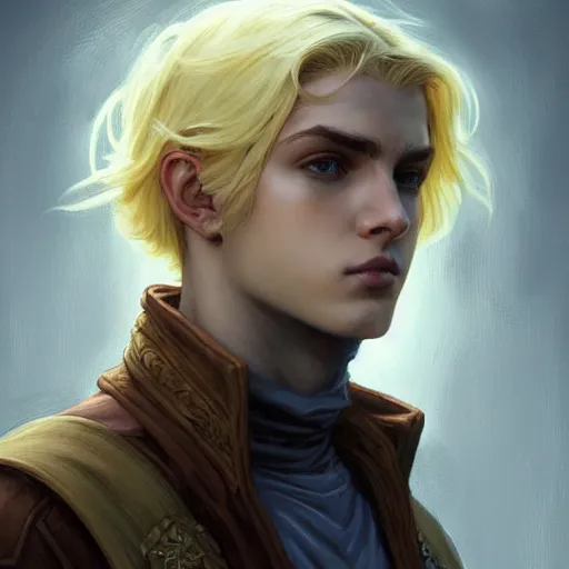 Prompt: an epic fantasy comic book style portrait painting of a young over confident blonde boy wearing plain thief clothes, d & d, fantasy, intricate, elegant, highly detailed, digital painting, artstation, concept art, matte, sharp focus, illustration, art by artgerm and greg rutkowski and alphonse mucha