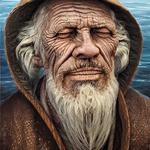 Image similar to digital painting of a wrinkled old fisherman by filipe pagliuso and justin gerard, symmetric, fantasy, highly, detailed, realistic, intricate