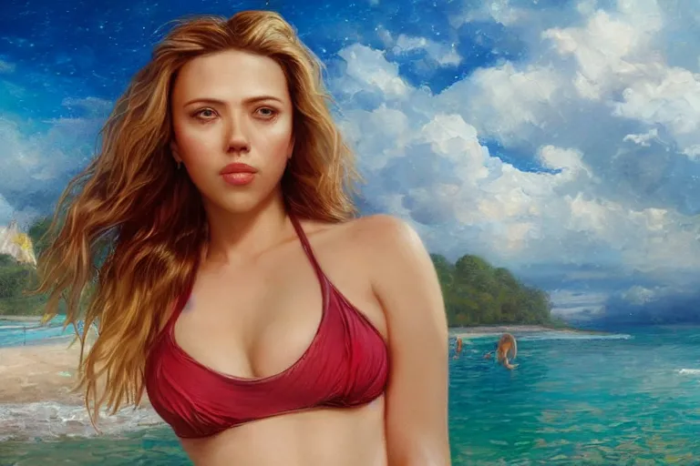 Image similar to portrait of scarlett johannson wearing a bikini at a park, an oil painting by ross tran and thomas kincade