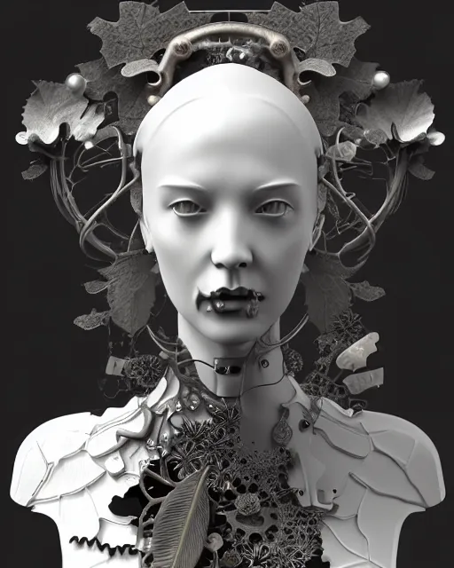 Prompt: monochrome 3 d model, 1 9 4 0 picture, floral metal steampunk biomechanical beautiful young female cyborg with porcelain profile face and a techno eye, volumetric light, leaves foliage and stems, hibiscus flowers, sinuous fine roots, fine foliage lace, alexander mcqueen, rim light, big gothic fashion pearl embroidered collar, octane render, 8 k