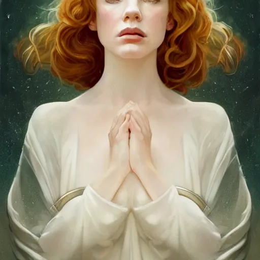 Image similar to symmetrical!! looking at the camera!!! a portrait of an angel young christina hendricks wearing a white silky dress, upper body, concept art, deep focus, sky, heaven, clouds, intricate, highly detailed, digital painting, artstation, matte, sharp focus, illustration, art by greg rutkowski and alphonse mucha