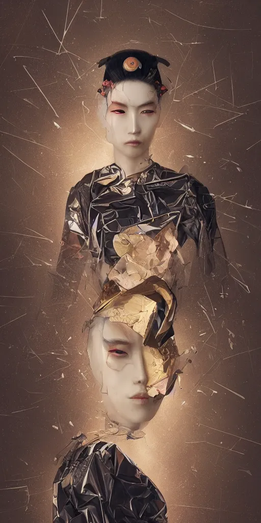 Prompt: portrait of a futuristic geisha with crying black eyes, kintsugi, modern fine art, fractal, intricate, elegant, highly detailed, digital photography, subsurface scattering, by jheronimus bosch and greg rutkowski,