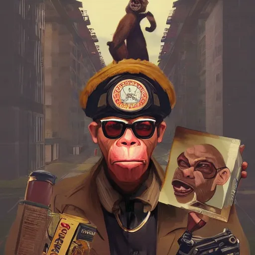 Image similar to [Monkey as president of Banana as GTA character, propaganda!, closeup, D&D, intricate, elegant, highly detailed, digital painting, artstation, concept art, matte, sharp focus, illustration, art by Artgerm and Greg Rutkowski and Alphonse Mucha and Enki Bilal]