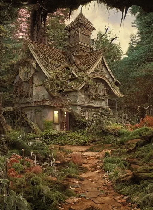 Image similar to hyper realistic witch cottage japanese shrine in the woods gorgeous lighting, highly detailed, lush forest painting by zdzisław beksinski and norman rockwell and greg rutkowskiweta studio, and lucasfilm