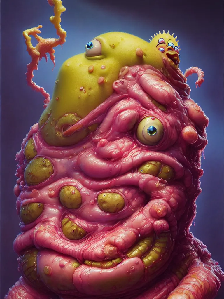 Image similar to hyperrealistic rendering, fat smooth cronenberg flesh monster spongebob by donato giancola and greg rutkowski and wayne barlow and zdzisław beksinski, product photography, action figure, sofubi, studio lighting, colored gels, colored background