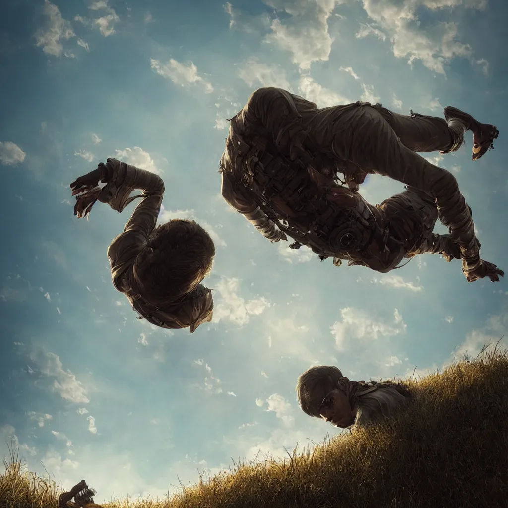 Prompt: a low angle shot of a man laying in brown grass looking up at a polluted sky by roxie vizcarra and frank stockton and greg rutkowski, dramatic composition, epic scale, futuristic, steampunk, global illumination, masterpiece, cinematic, filmic