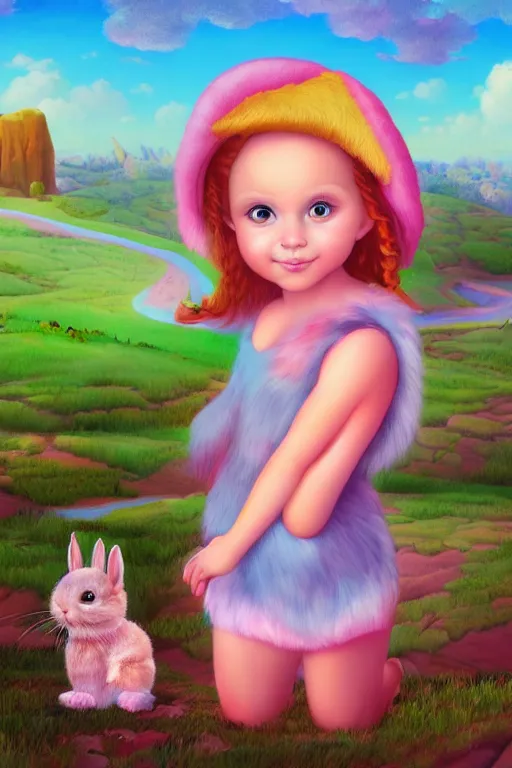 Image similar to matte sharp painting cute little girl and very furry rabbit landscape painted by mark rydel artstation behance storybook lisa frank