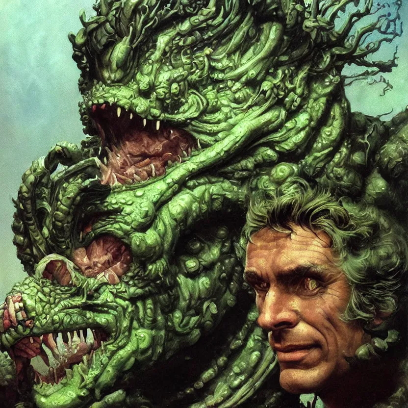 Prompt: a neoclassicist close - up portrait of a green man with hyperrealist dragon features. reflective alien technology. head and shoulders. foggy black background with dark puffy glowing clouds. highly detailed science fiction painting by norman rockwell, frank frazetta, syd mead and moebius. rich colors, high contrast, gloomy atmosphere, dark background. trending on artstation.