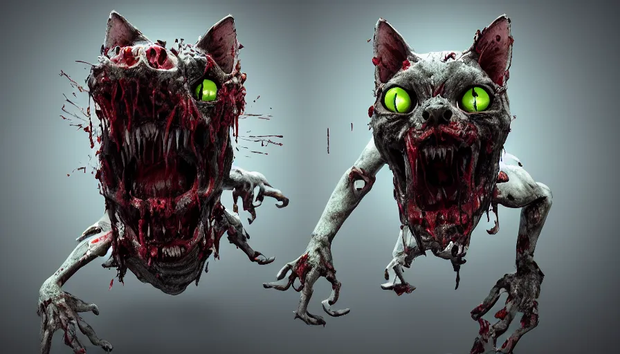 Image similar to zombie cat with sharp teeth, bloody eyes and nostrils, hyperdetailed, artstation, cgsociety, 8 k