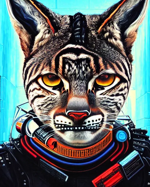 Image similar to a portrait of an anthropomorphic cyberpunk bobcat by sandra chevrier, by jon foster, detailed render, tape deck, epic composition, cybernetics, 4 k realistic, cryengine, realistic shaded lighting, sharp focus, masterpiece, by enki bilal