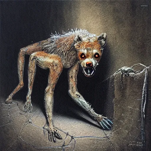 Prompt: spider morphed with a hyena, in sewer, highly detailed beksinski art