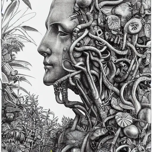 Prompt: botanical sketch of The thinker sculpture with a mechanical/cybernetic head, mushrooms and peyote at the base, surrounded by a lush jungle and vines, high detail, b&w,