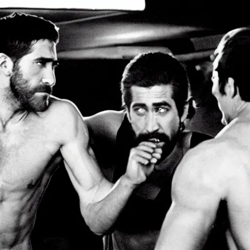 Image similar to cinestill of Jake Gyllenhaal fighting three men in a bar in the movie Road house