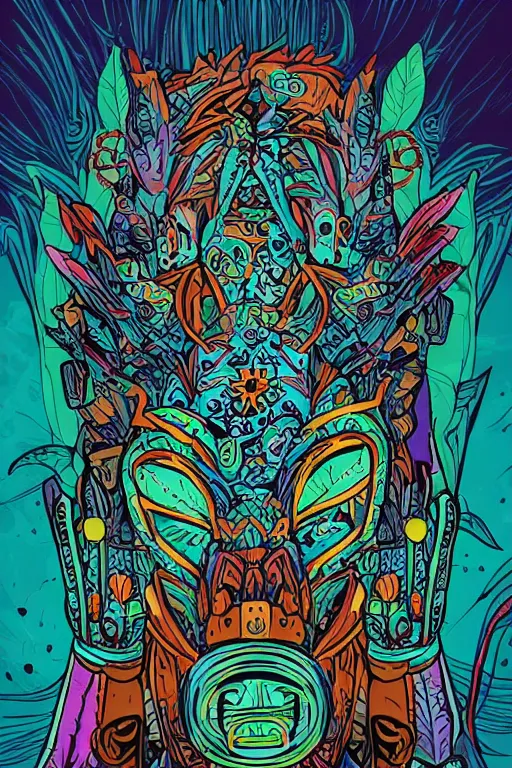 Image similar to animal mask totem roots flower tribal feather gemstone plant wood rock shaman vodoo video game vector cutout illustration vivid multicolor borderlands comics by josan gonzales and dan mumford radiating a glowing aura