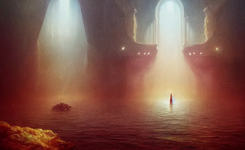 Prompt: by Moebius , landscape of mystic dark cult deep underwater, monumental giant palace, near by dreaming titanic size scary creature soft light through dark waters, red+yellow colours, high quality details, one point perspective, denoise deep depth of field