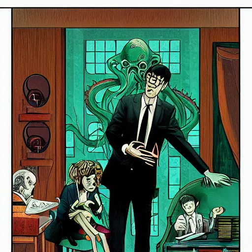 Image similar to Cthulhu as a modern day business man with a family and a drug and gambling addiction, necronomicon is the family Bible , Junji Ito and Greg rutkowski, psychedelic , 50s style infomercial , award winning , retro futuristic