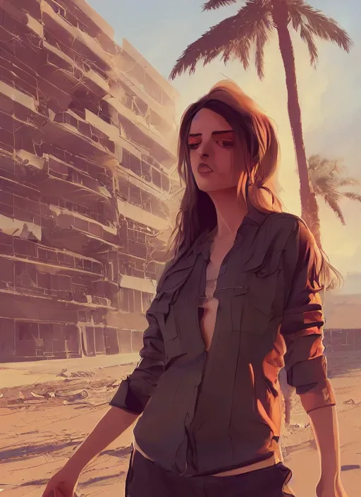 Image similar to digital art of a beautiful girl wearing a shirt standing in front of a ruined apartment complex, desert composition, sunlit, vector art, by artgerm, by greg rutkowski, anime style, octane render, bright colors, face!!!! close - up