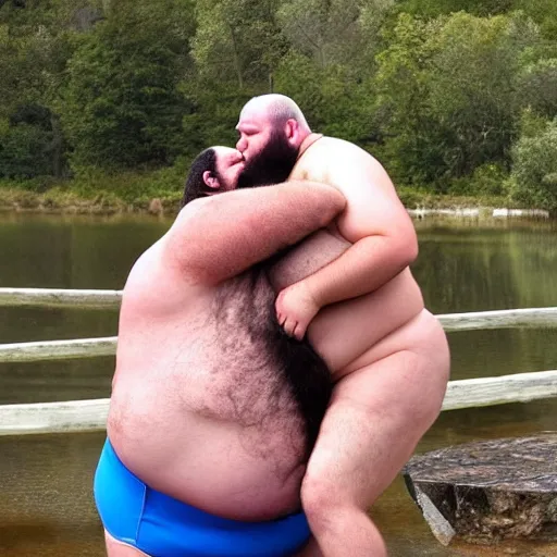 Image similar to a leaked photo of a screaming, hairy, fat man that is wearing a swimsuit and kissing the worlds largest toad