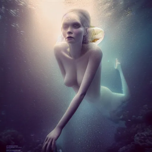 Image similar to ultra realistic horror photo of a dimly lit translucent female alien creature underwater, very intricate details, focus, full frame image, curvy, model pose, artwork by anna dittmann and greg rutkowski, award winning