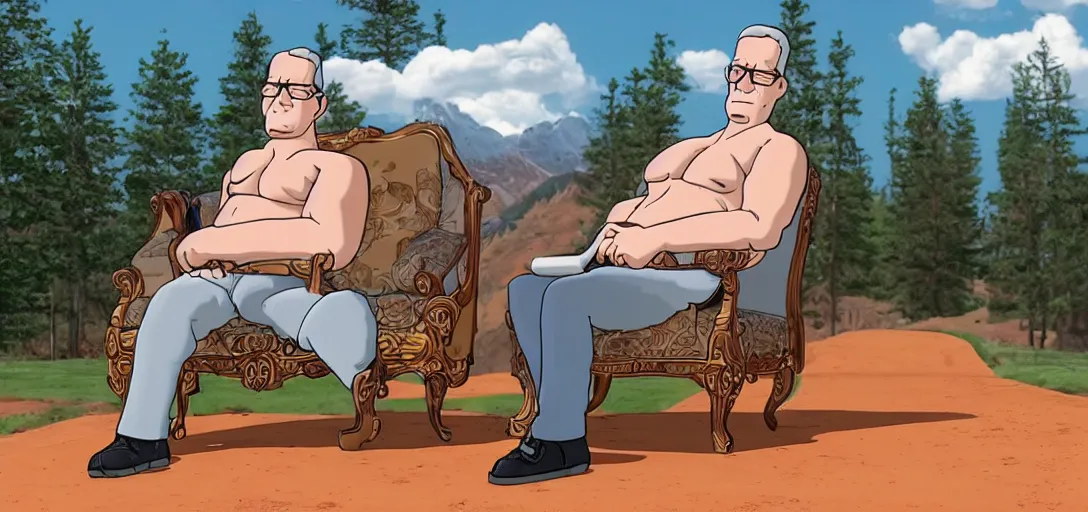 Image similar to hank hill sitting on a throne of propane, beautiful, ornate, 8 k, movie still