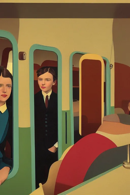 Image similar to scene from wes anderson train by helen lundeberg