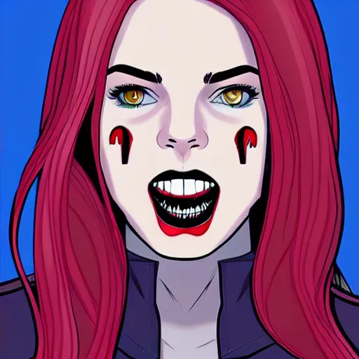 Prompt: Jamie McKelvie comic art, loish, pretty female Samara Weaving vampire, very sharp vampire fangs teeth, blood on face face, sarcastic smile, symmetrical eyes, symmetrical face, brown leather jacket, jeans, long black hair, middle shot, bright colors, highly saturated