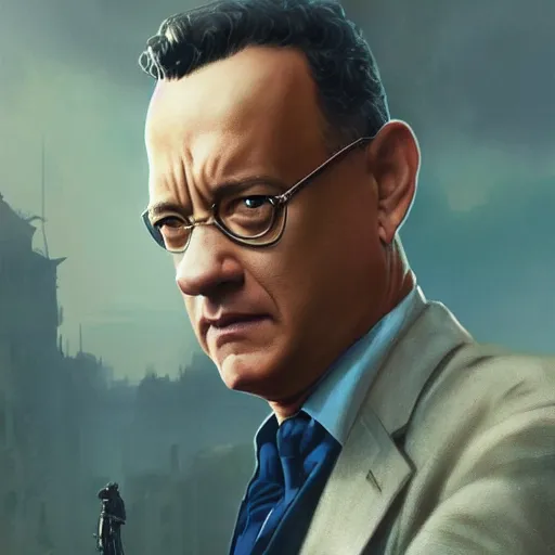 Image similar to a highly detailed matte portrait of tom hanks as a secret agent, epic fantasy, god rays, ultrawide lens, aerial photography, unreal engine, exquisite detail, 8 k, art by greg rutkowski and alphonse mucha