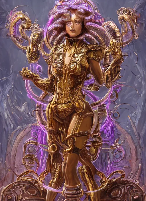 Image similar to ultradetailed ornate sci-fi RPG character illustration of a beautiful symmetric Medusa radiating a majestic glowing aura wearing a cyberpunk armor with decorum while fighting eldritch horrors, smooth digital airbrush painting, 3d rim light, hyperrealistic, masterpiece, artstation, cgsociety, concept art, kodakchrome