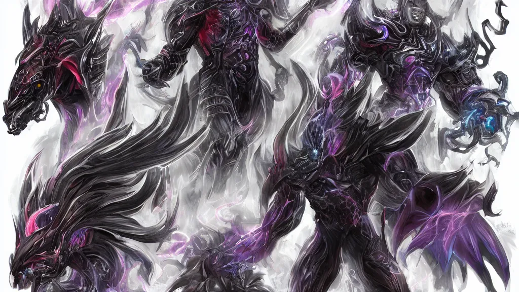 Image similar to a fantasy muscular Bright cosmic void ghost demon with two heads and a long tail character design sheet, trending on artstation