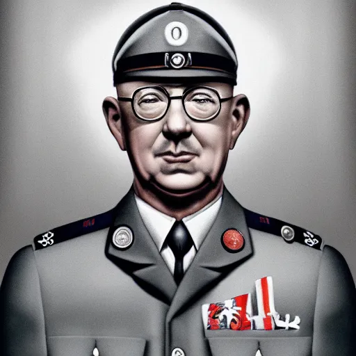 Prompt: super realistic art himmler became the fuhrer of the third reich, deep shadows, deep color, muted gamma, slightly dark colors, cinematic lighting, super detailing, digital art, 8 k resolution, sharp focus, quality rendering, a masterpiece