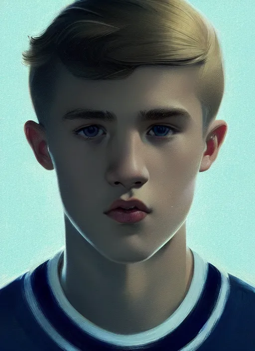 Prompt: portrait of a teenage boy named moose mason, blonde short hair, jock, beefy, square jaw, square facial structure, 1 9 5 0 s, intricate, elegant, glowing lights, highly detailed, digital painting, artstation, concept art, smooth, sharp focus, illustration, art by wlop, mars ravelo and greg rutkowski