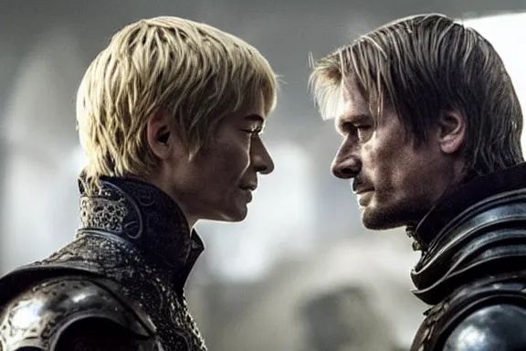 Image similar to very very intricate photorealistic photo of jaime lannister defeating cersei, photo is in focus with detailed atmospheric lighting, award - winning details